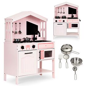 Bucătărie din lemn pentru copii, arzătoare cuptor cu microunde, accesorii ECOTOYS, EcoToys
