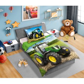 Lenjerie de pat copii 140x200 cm + 70x90 cm Tractor verde, Faro