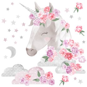 Sticker de perete Unicorn cu flori - roz