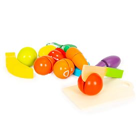 Legume și fructe din lemn pentru tăiat, 13 piese + găleată