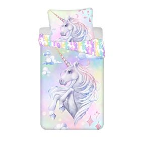 Lenjerie de pat pentru copii Unicorn 'Pastel Rainbow' 140x200 cm + 70x90 cm