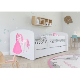 Pat pentru copii cu barieră Ourbaby - Prințesă cu ponei - alb