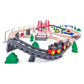 Set de cale ferată din lemn cu locomotivă pe baterii, 80 de piese