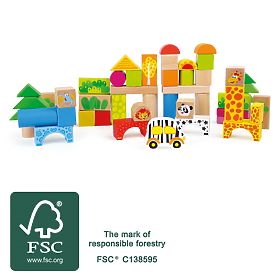 small foot Cuburi de construcție din lemn Zoo 50 bucăți