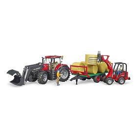 Tractor Bruder Case IH Optum 300 CVX cu încărcător frontal și transportor de baloți, Bruder