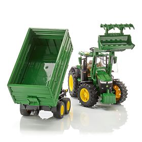 Tractor Bruder John Deere 7R 350 cu încărcător frontal și remorcă tandem de transport
