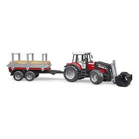 Tractor Bruder Massey Ferguson 7480 cu încărcător frontal și transportor de bușteni, Bruder