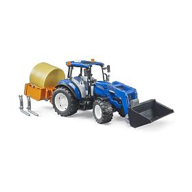 Tractor Bruder New Holland T5.120 cu încărcător frontal, remorcă, furci și balot rotund