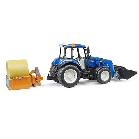 Tractor Bruder New Holland T5.120 cu încărcător frontal, remorcă, furci și balot rotund