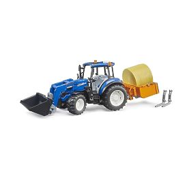 Tractor Bruder New Holland T5.120 cu încărcător frontal, remorcă, furci și balot rotund