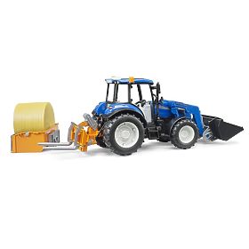 Tractor Bruder New Holland T5.120 cu încărcător frontal, remorcă, furci și balot rotund