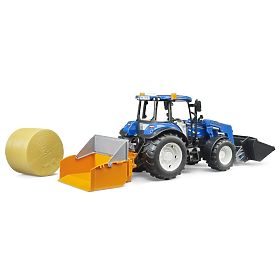 Tractor Bruder New Holland T5.120 cu încărcător frontal, remorcă, furci și balot rotund