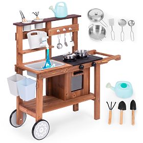 Bucătărie de exterior din lut pentru copii cu accesorii din lemn de brad ECOTOYS, EcoToys
